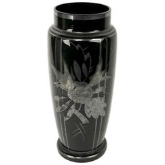 Antique Czechoslovakian Art Glass Silver Deposit Vase in Black Glass