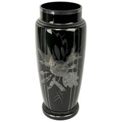 Czechoslovakian Art Glass Silver Deposit Vase in Black Glass