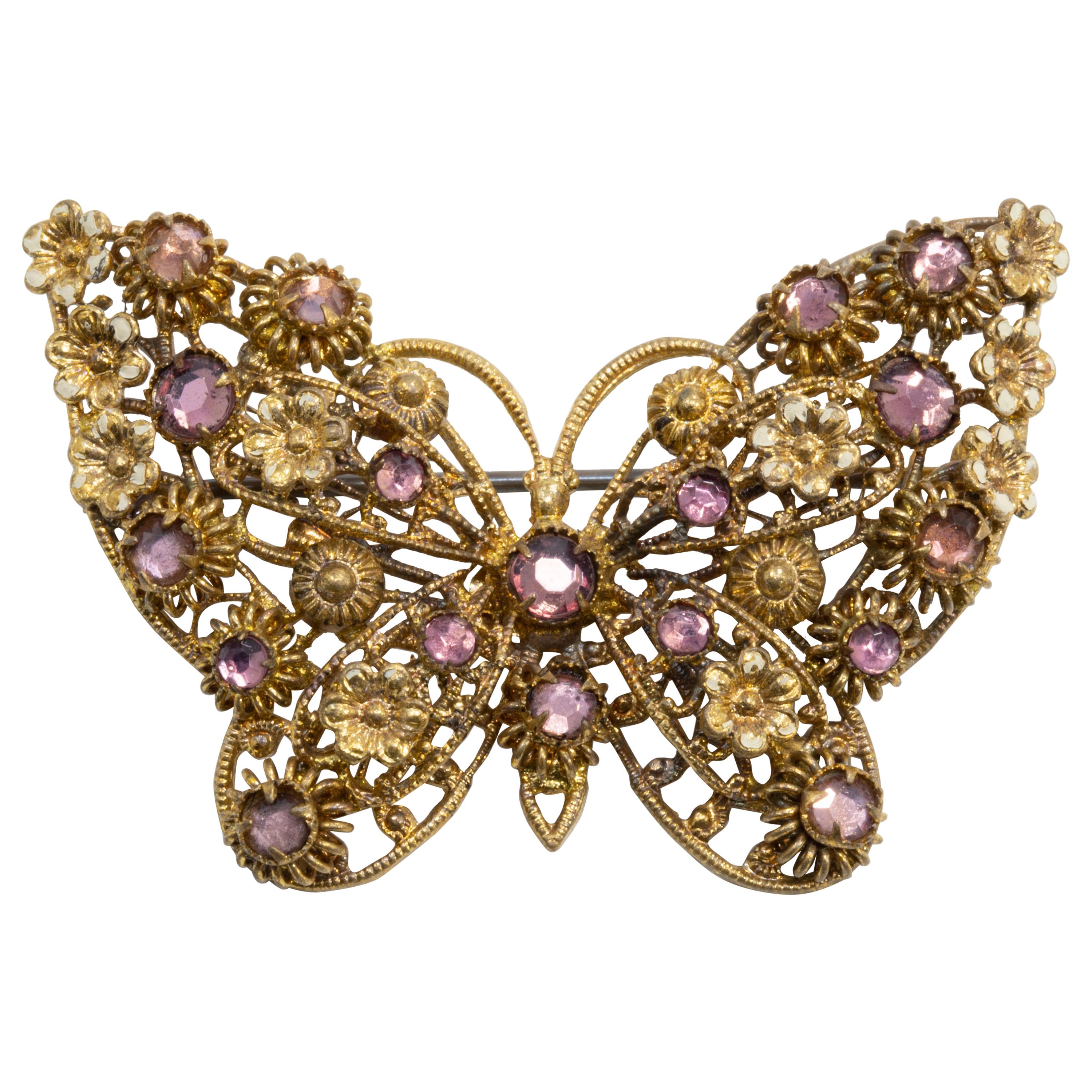 Aufwändige Schmetterlingsbrosche, Anstecknadel, Tschechoslowakisches vergoldetes Messing und lila Kristall
