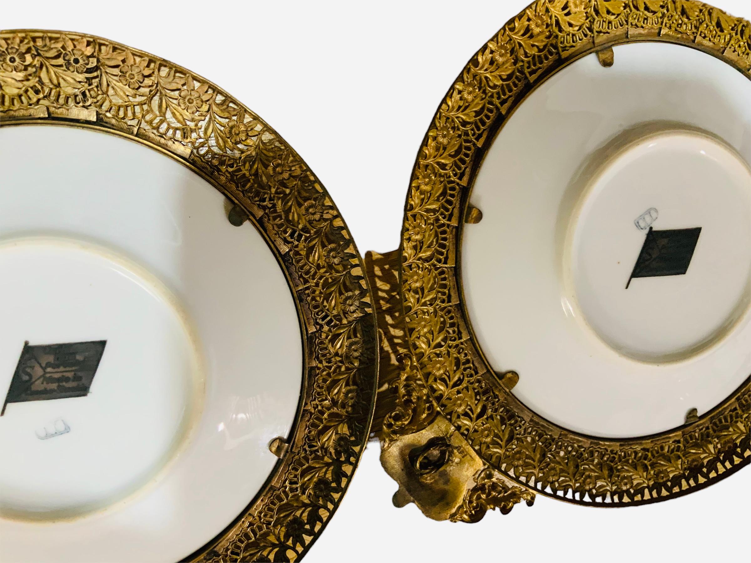 Czechoslovakian Pair of Bronze Hand Painted Porcelain Plates For Sale 1