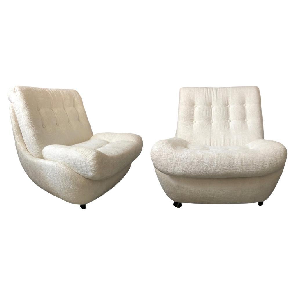 Czechoslovakian White Boucle Big Atlantis Armchairs, 1960s, Set of 2