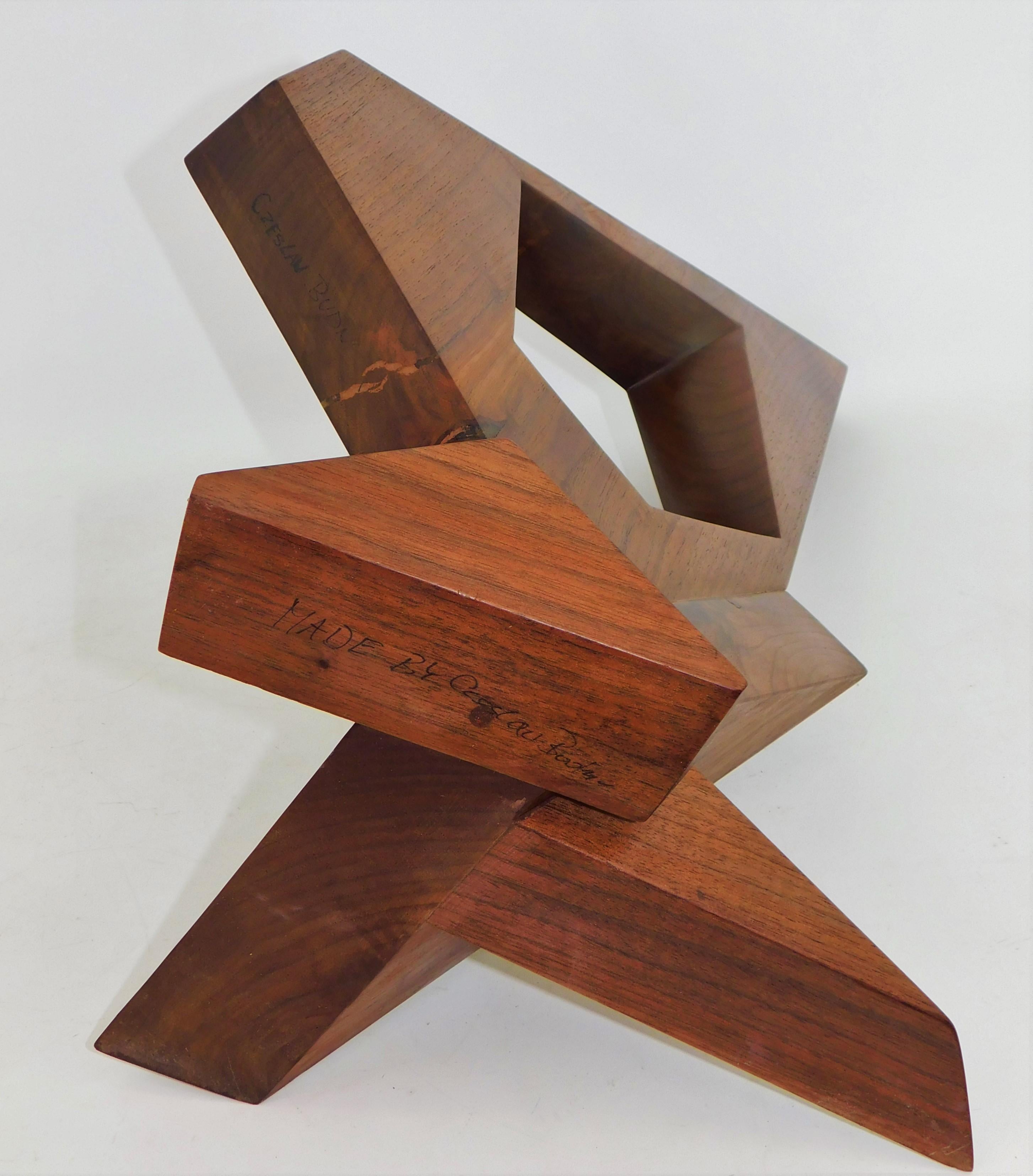 Czeslaw Budny Large Modern Abstract Constructivist Walnut Wood Sculpture Signed 2