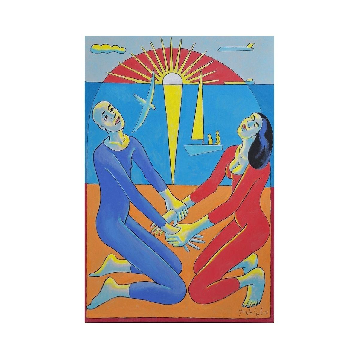 At Sunset - Figurative Acrylic Painting, Colorful, Polish Art (Braun), Landscape Painting, von Czeslaw Tumielewicz