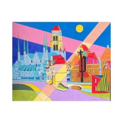 Gdańsk-view from Oławianka - Landscape Acrylic Painting, Colorful, Polish Art