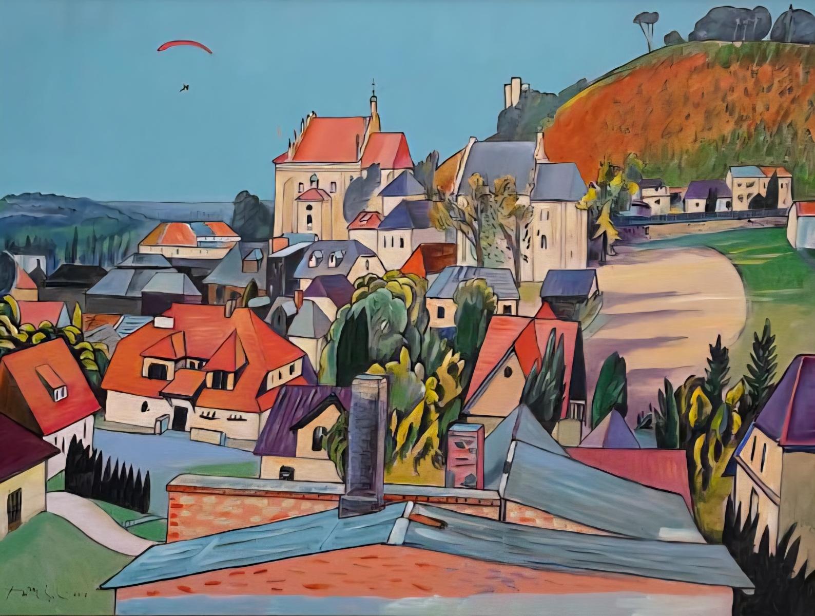 Czeslaw Tumielewicz Landscape Painting - Hang glider over Kazimierz - Figurative Acrylic Painting, Colorful, Polish Art