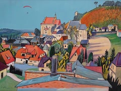 Deltaplano su Kazimierz - Pittura acrilica figurativa, colorata, arte polacca