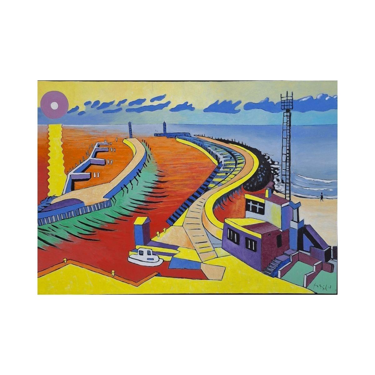 Hafen in Kołobrzeg - Landschaft Acrylmalerei, farbenfroh, polnische Kunst – Painting von Czeslaw Tumielewicz