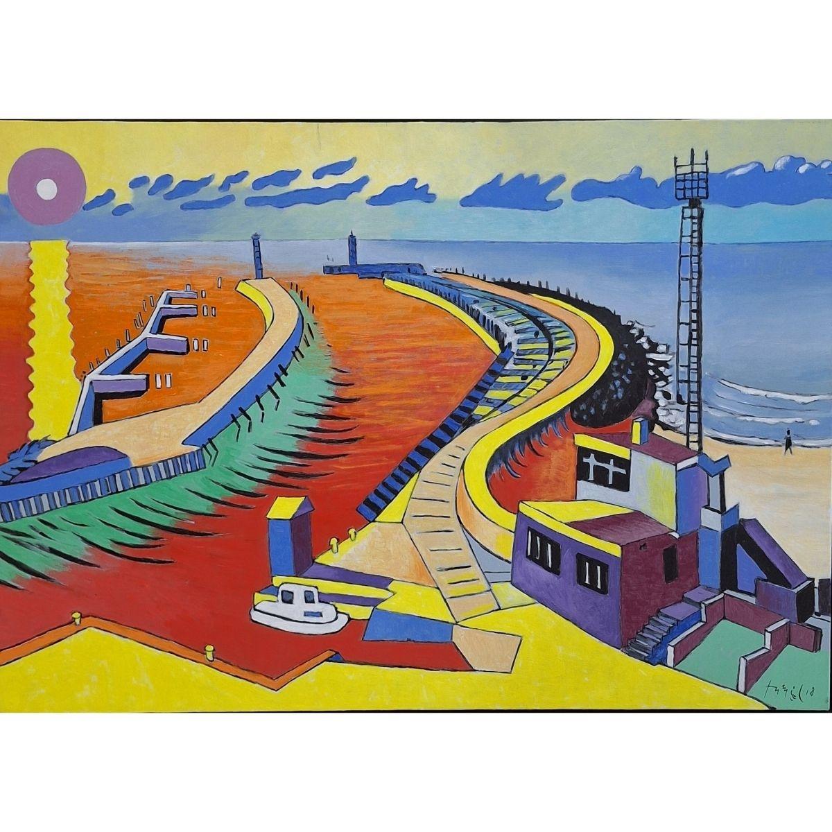 Hafen in Kołobrzeg - Landschaft Acrylmalerei, farbenfroh, polnische Kunst (Zeitgenössisch), Painting, von Czeslaw Tumielewicz