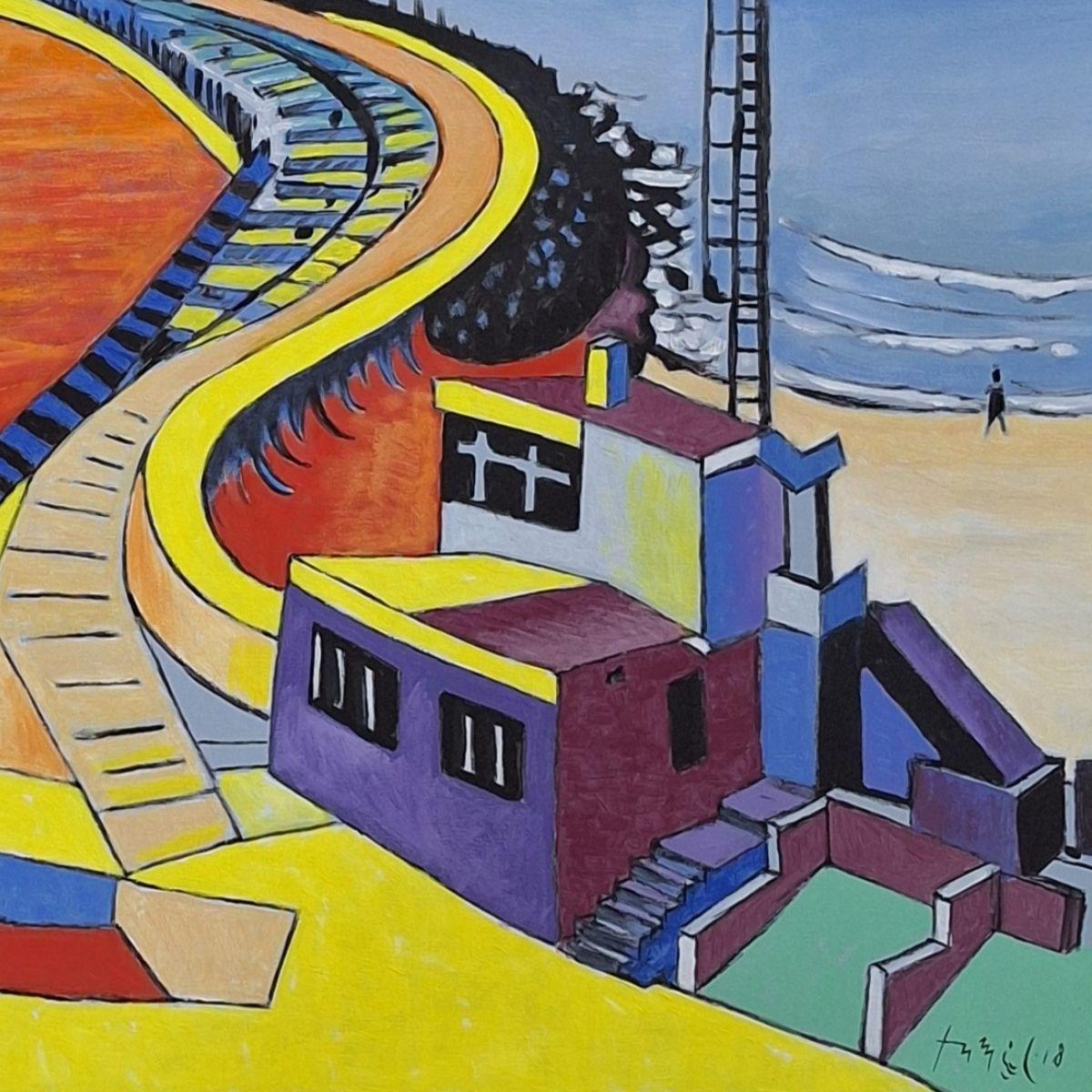 Hafen in Kołobrzeg - Landschaft Acrylmalerei, farbenfroh, polnische Kunst (Braun), Figurative Painting, von Czeslaw Tumielewicz