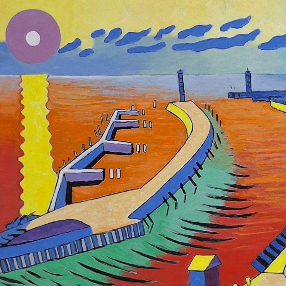 Hafen in Kołobrzeg - Landschaft Acrylmalerei, farbenfroh, polnische Kunst im Angebot 1