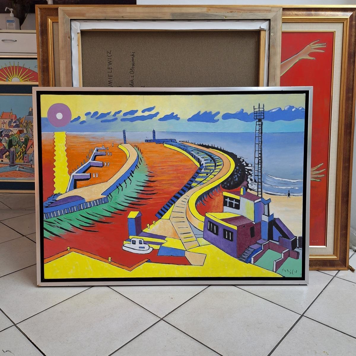 Hafen in Kołobrzeg - Landschaft Acrylmalerei, farbenfroh, polnische Kunst im Angebot 3