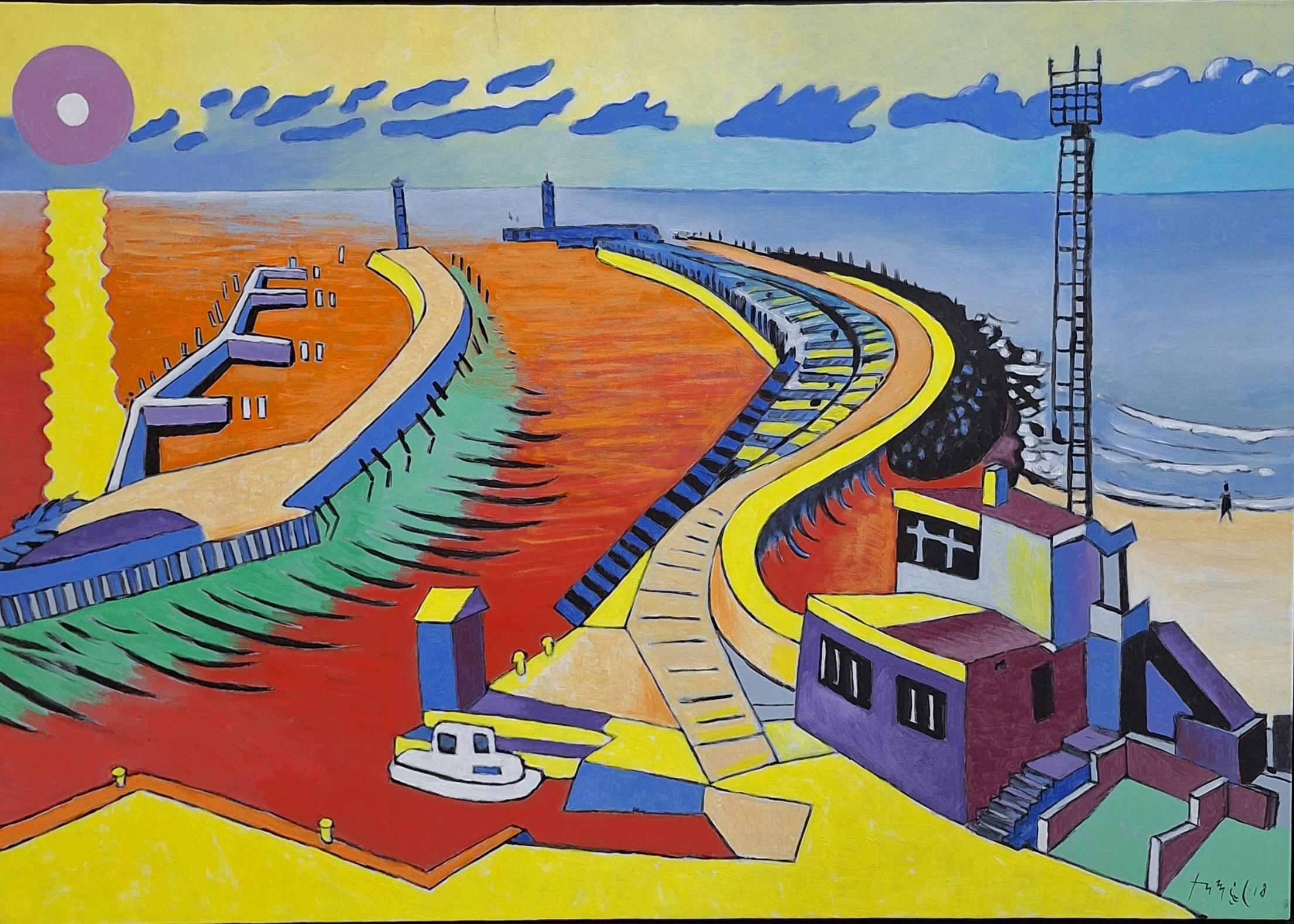 Harbor in Kołobrzeg - Landscape Acrylic Painting, Colorful, Polish Art