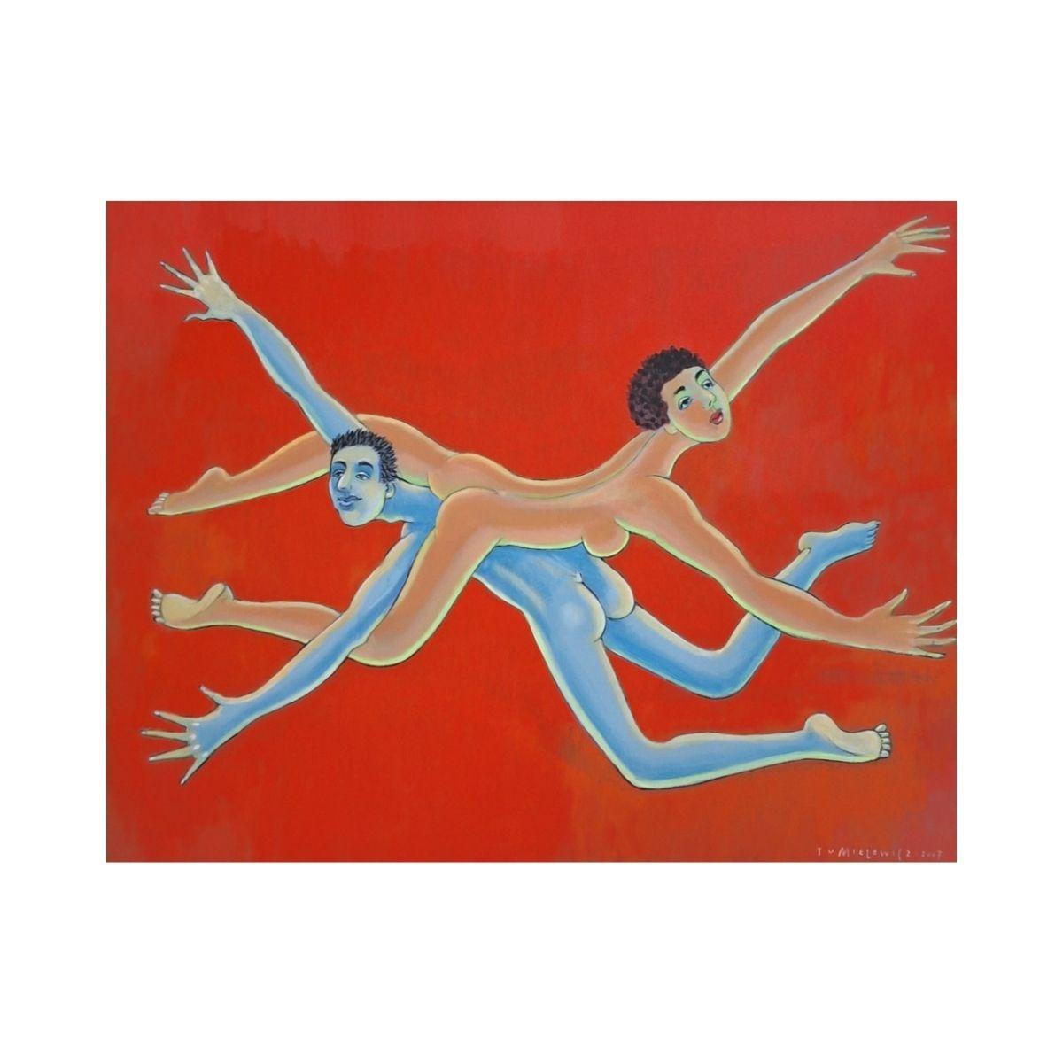 Searching for the other half - Figurative Acrylic Painting, Colorful, Polish Art (Rot), Figurative Painting, von Czeslaw Tumielewicz