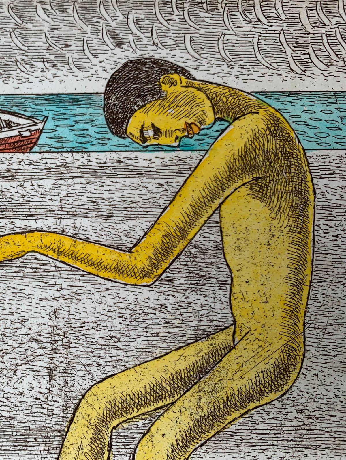 A proposal - Contemporary Figurative Etching Print, Nude, Colorful - Brown Nude Print by Czeslaw Tumielewicz