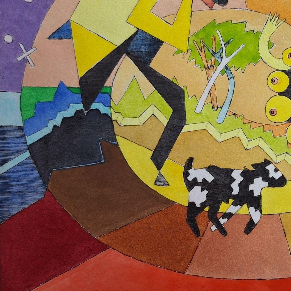 A walk with Bożena Wahl 1987 - Figurative Drypoint Print, Colorful, Polish Art For Sale 1