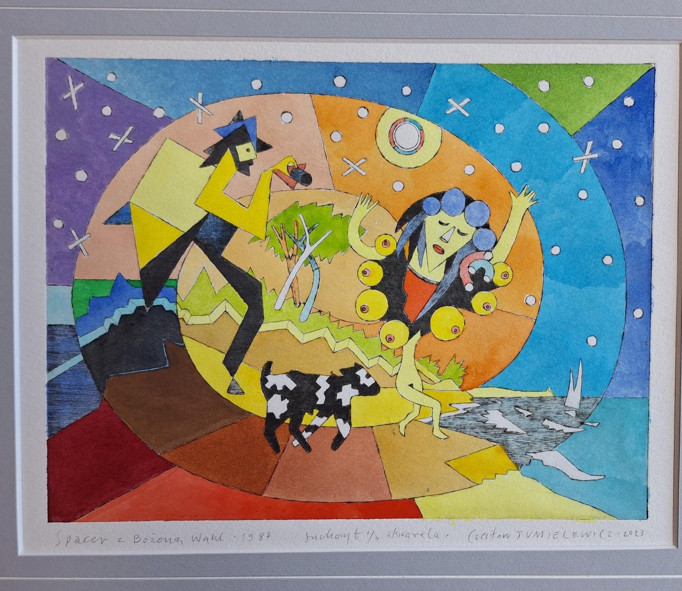 A walk with Bożena Wahl 1987 - Figurative Drypoint Print, Colorful, Polish Art For Sale 5