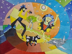 A walk with Bożena Wahl 1987 - Figurative Drypoint Print, Colorful, Polish Art