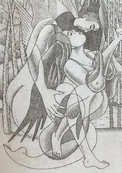 Caress in woods. Figurative Etching Print, Black & white, Romantic, Polish Art