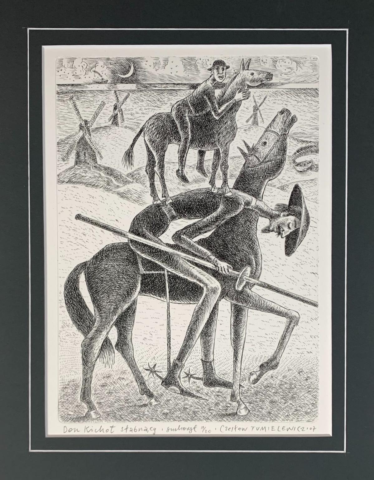 Don Kichot getting weaker - Figurative Etching Print Black & white - Gray Nude Print by Czeslaw Tumielewicz