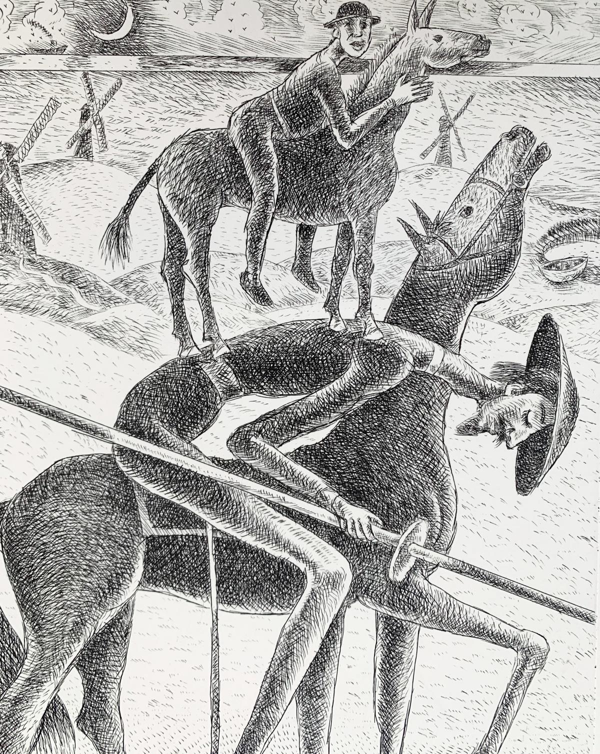 Don Kichot se debilita - Grabado figurativo al aguafuerte Blanco y negro - Print Contemporáneo de Czeslaw Tumielewicz