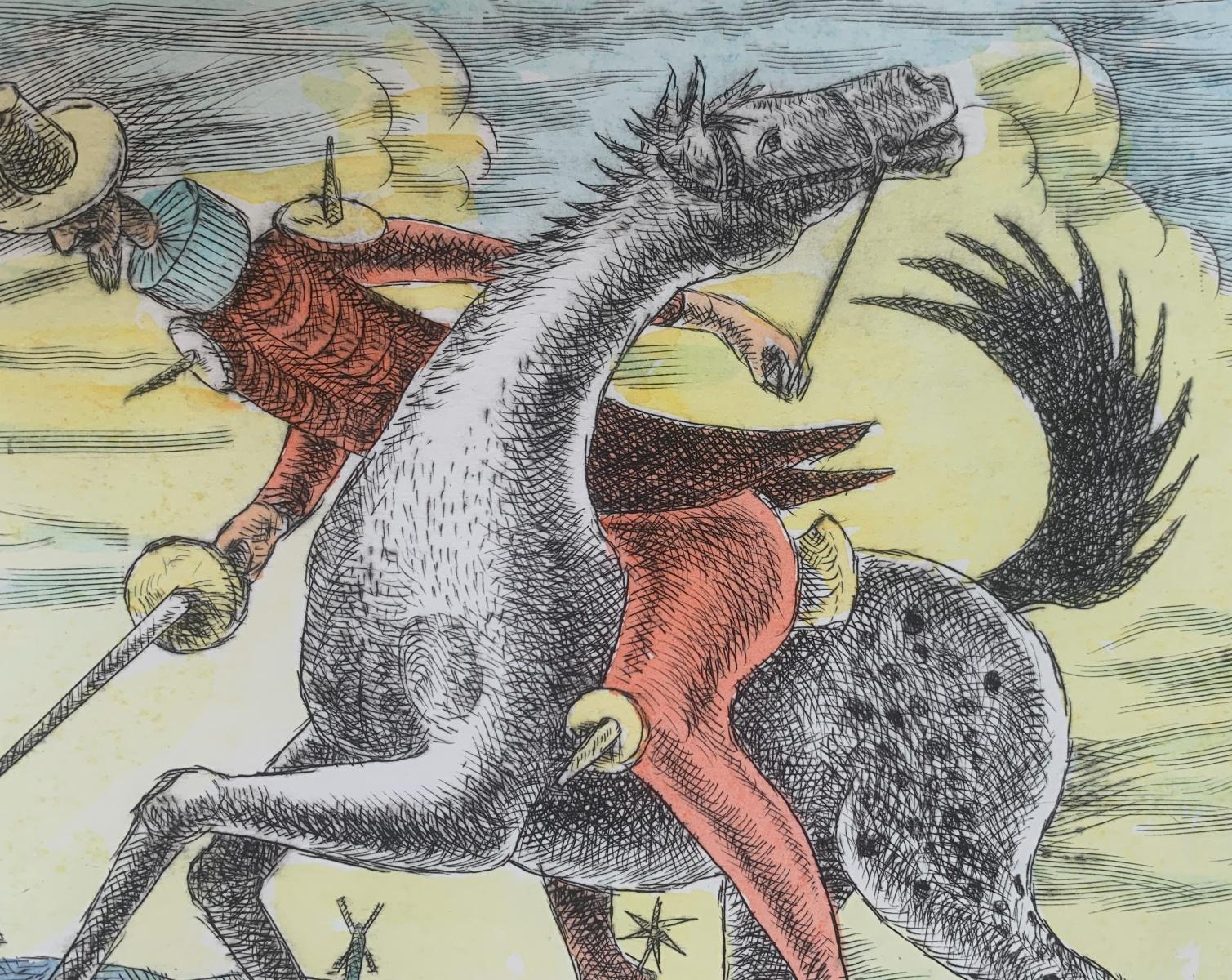 Don Kichote all'attacco. Stampa acquaforte a punta secca figurativa, colorata, arte polacca - Print di Czeslaw Tumielewicz