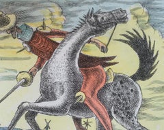 Don Kichote attacking. Figurative Drypoint Etching Print, Colorful, Polish Art