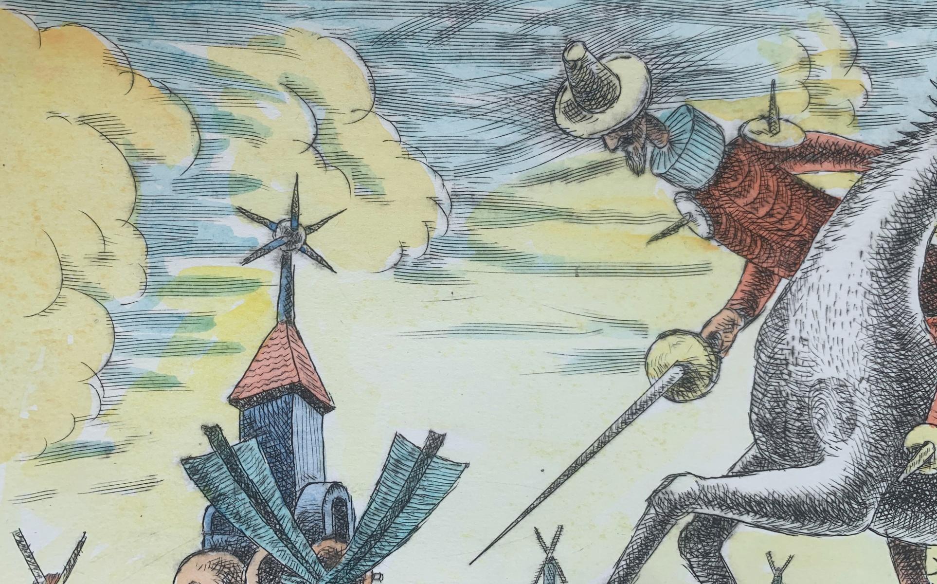 Don Kichote all'attacco. Stampa acquaforte a punta secca figurativa, colorata, arte polacca - Figurative Print Grigio di Czeslaw Tumielewicz
