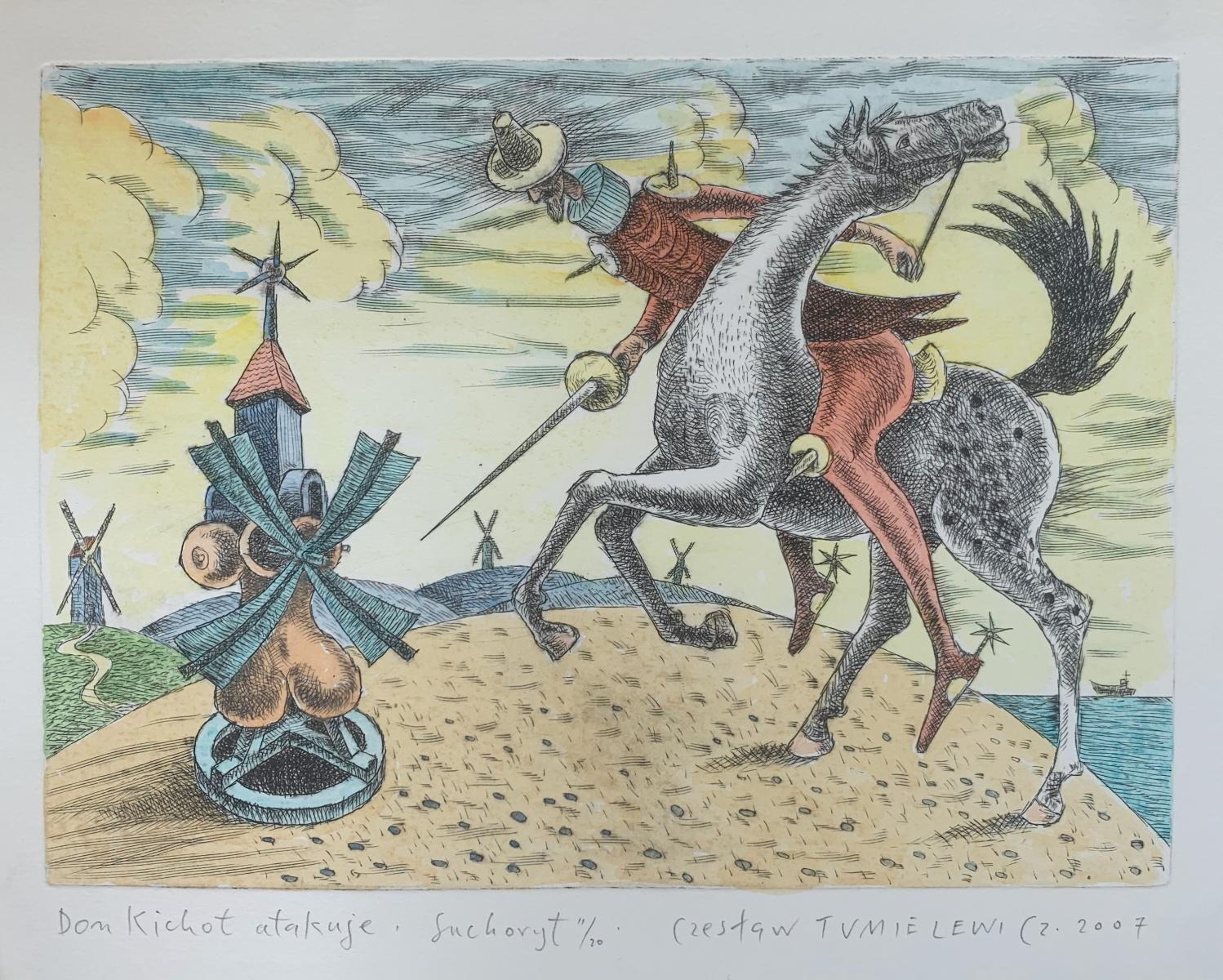 Colorata stampa figurativa a puntasecca dell'artista polacco Czeslaw Tumielewicz. L'opera raffigura due persone che si bacianoDon Kichote a cavallo, che attacca un mulino a vento surreale. Sono raffigurati in uno stile piuttosto cubistico. Ci sono