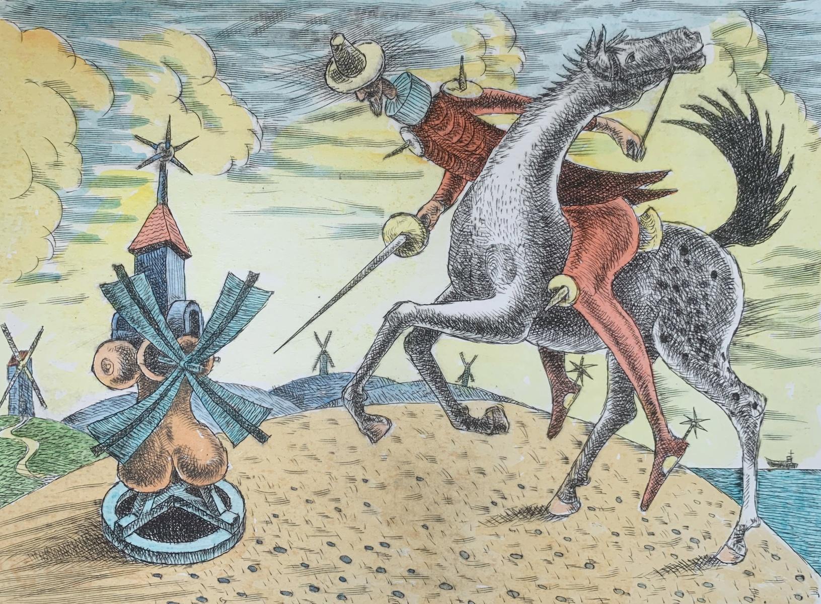 Figurative Print di Czeslaw Tumielewicz - Don Kichote all'attacco. Stampa acquaforte a punta secca figurativa, colorata, arte polacca