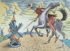 Don Kichote attacking. Figurative Drypoint Etching Print, Colorful, Polish Art