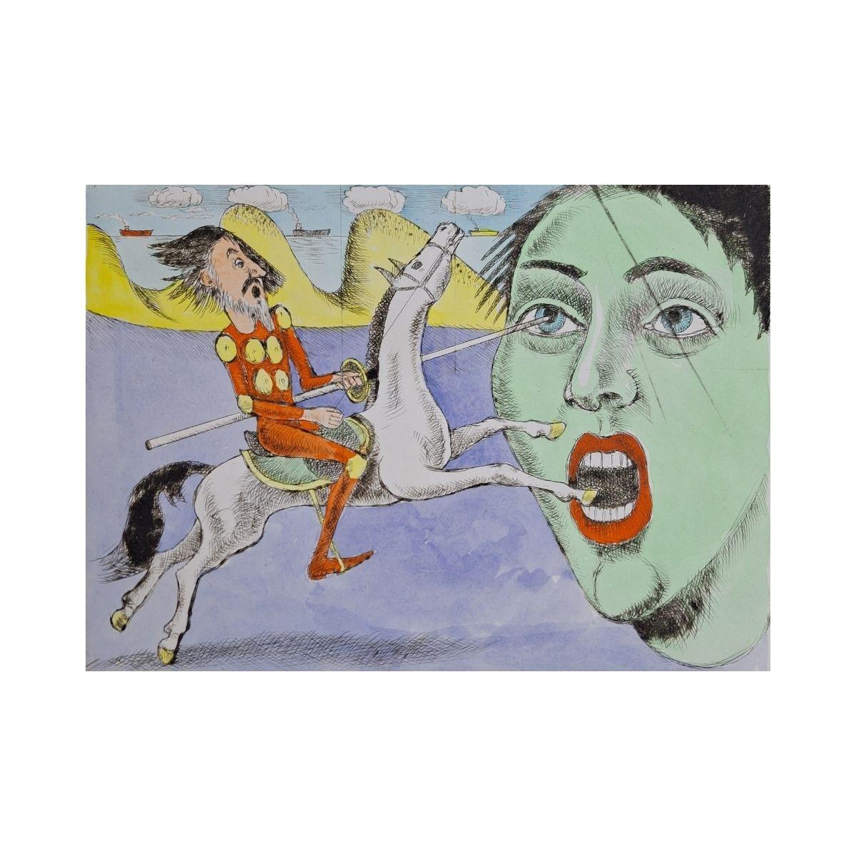 Don Quixote and apparition - Figurative Drypoint Print, Colorful, Polish Art - Gray Landscape Print by Czeslaw Tumielewicz