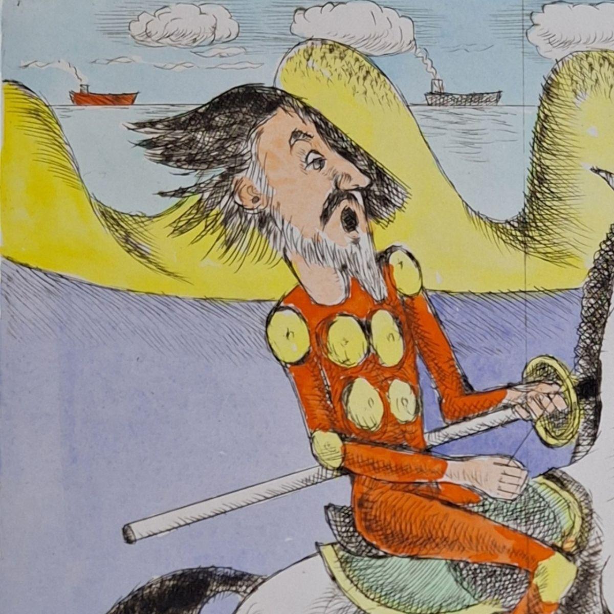 Don Quixote and apparition - Figurative Drypoint Print, Colorful, Polish Art For Sale 1