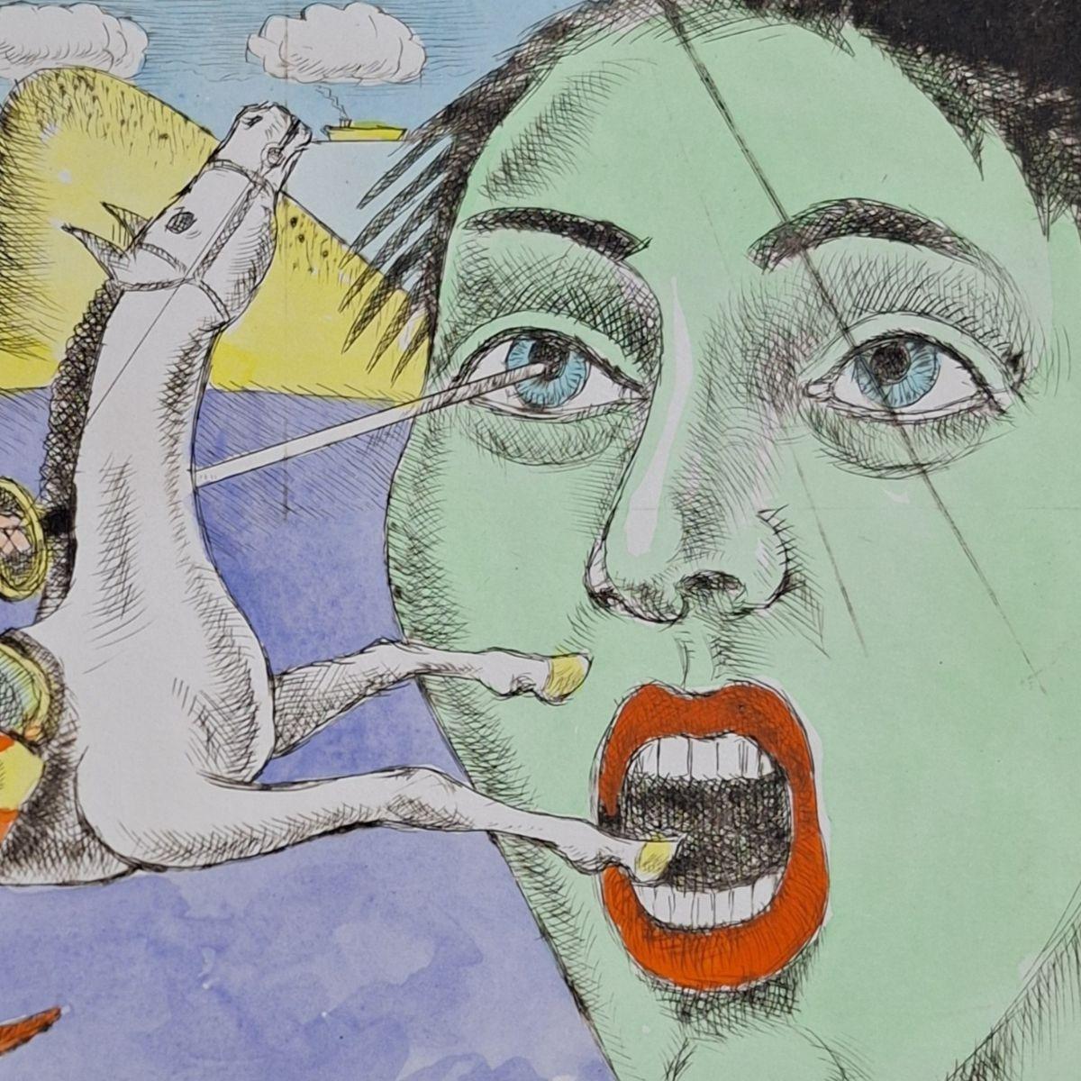 Don Quixote and apparition - Figurative Drypoint Print, Colorful, Polish Art For Sale 2