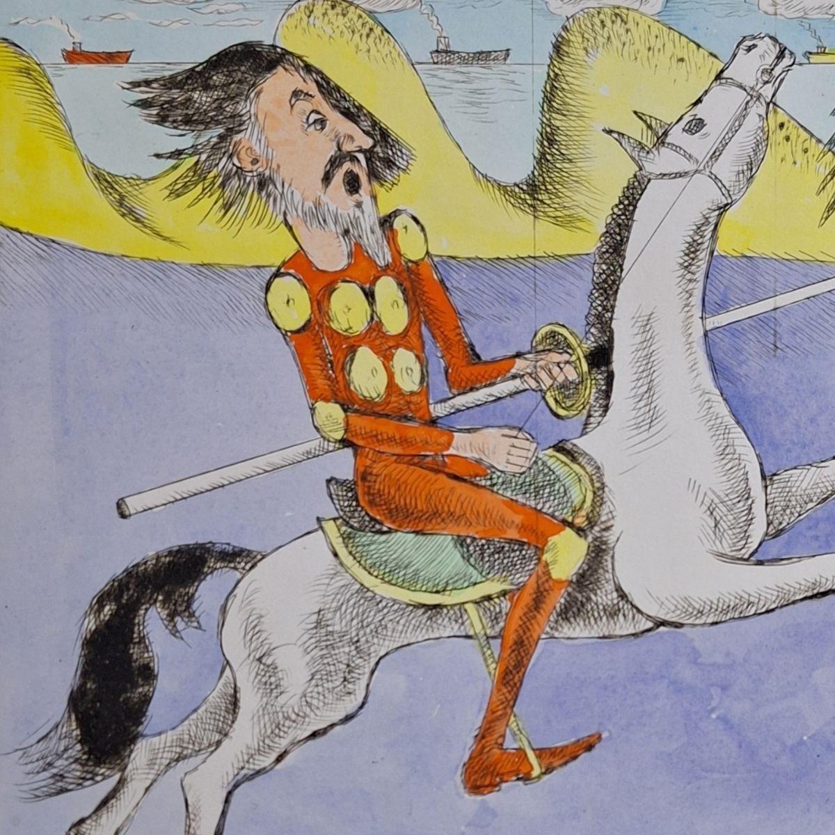 Don Quixote and apparition - Figurative Drypoint Print, Colorful, Polish Art For Sale 4