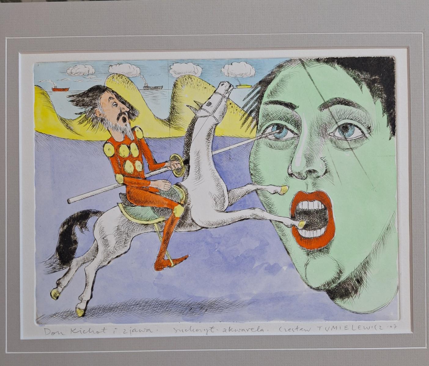 Don Quixote and apparition - Figurative Drypoint Print, Colorful, Polish Art For Sale 5