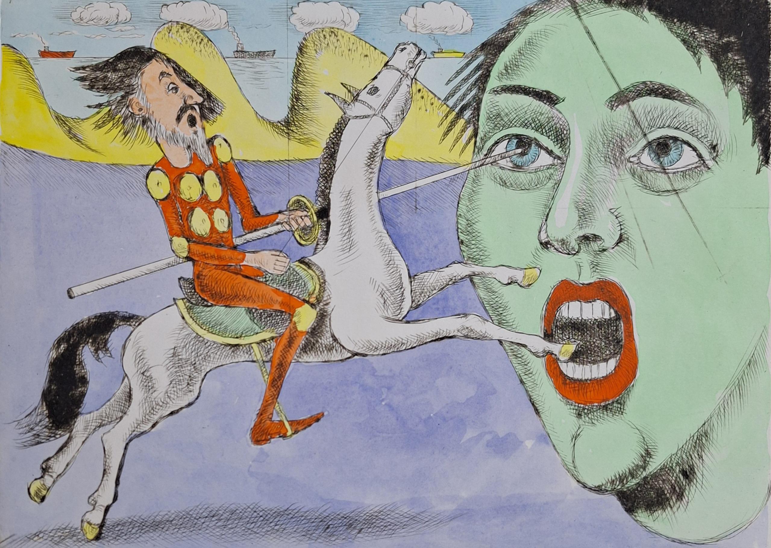 Don Quixote and apparition - Figurative Drypoint Print, Colorful, Polish Art