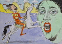 Don Quixote and apparition - Figurative Drypoint Print, Colorful, Polish Art