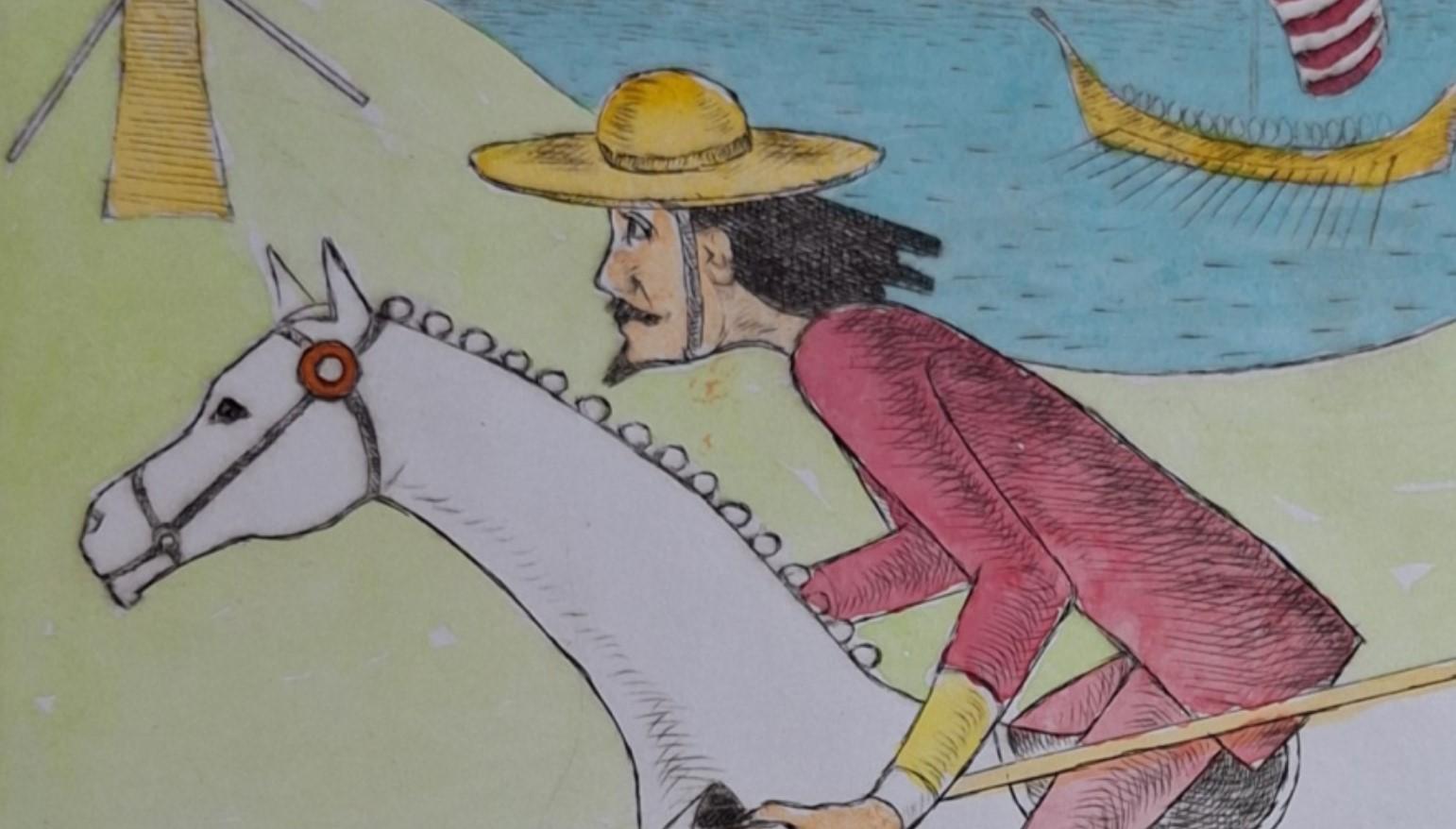 Colorful figurative drypoint print by Polish artist Czeslaw Tumielewicz. Artwork depicts two people kissingDon Kichote on a horse, attacking a surreal windmill. They are shown in rather cubistic styleThere are windmills in the background. Subject