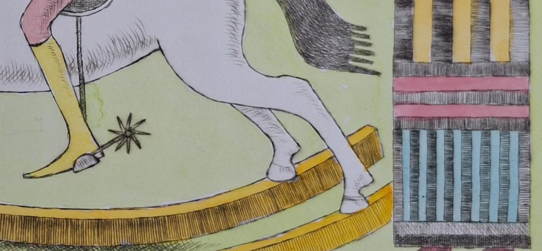 Dulcinea and Don Quixote - Figurative Drypoint Print, Colorful, Polish Art For Sale 1