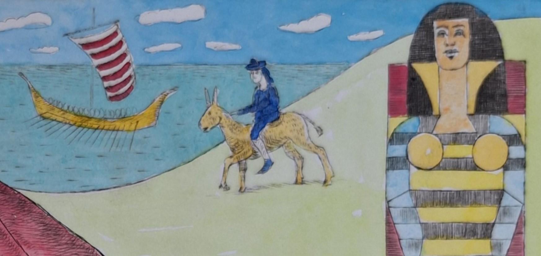 Dulcinea and Don Quixote - Figurative Drypoint Print, Colorful, Polish Art For Sale 2