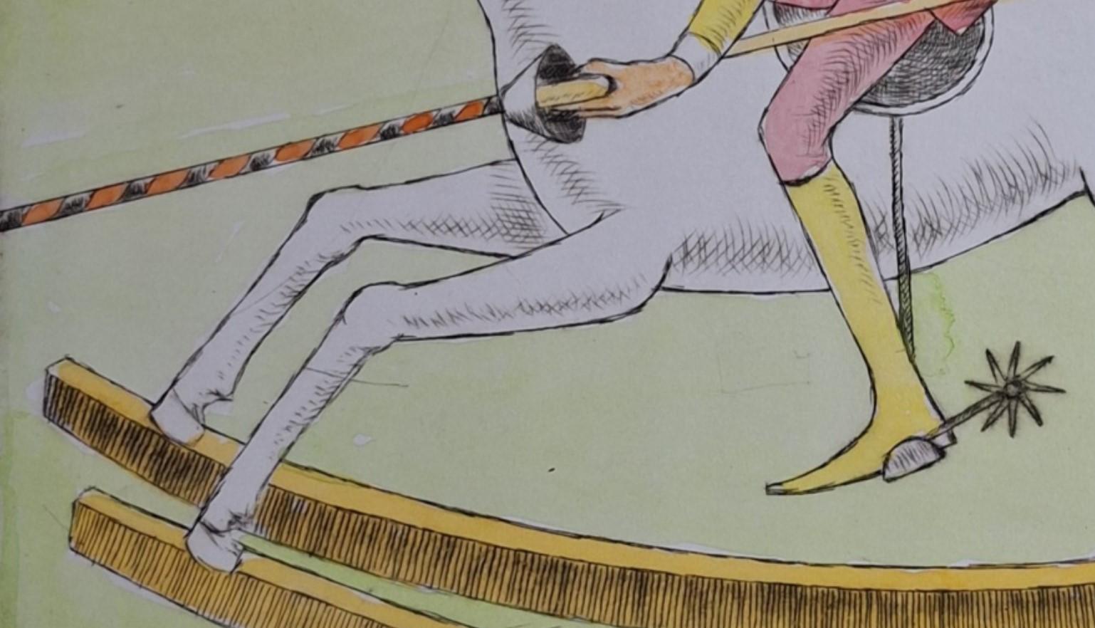 Dulcinea and Don Quixote - Figurative Drypoint Print, Colorful, Polish Art For Sale 3