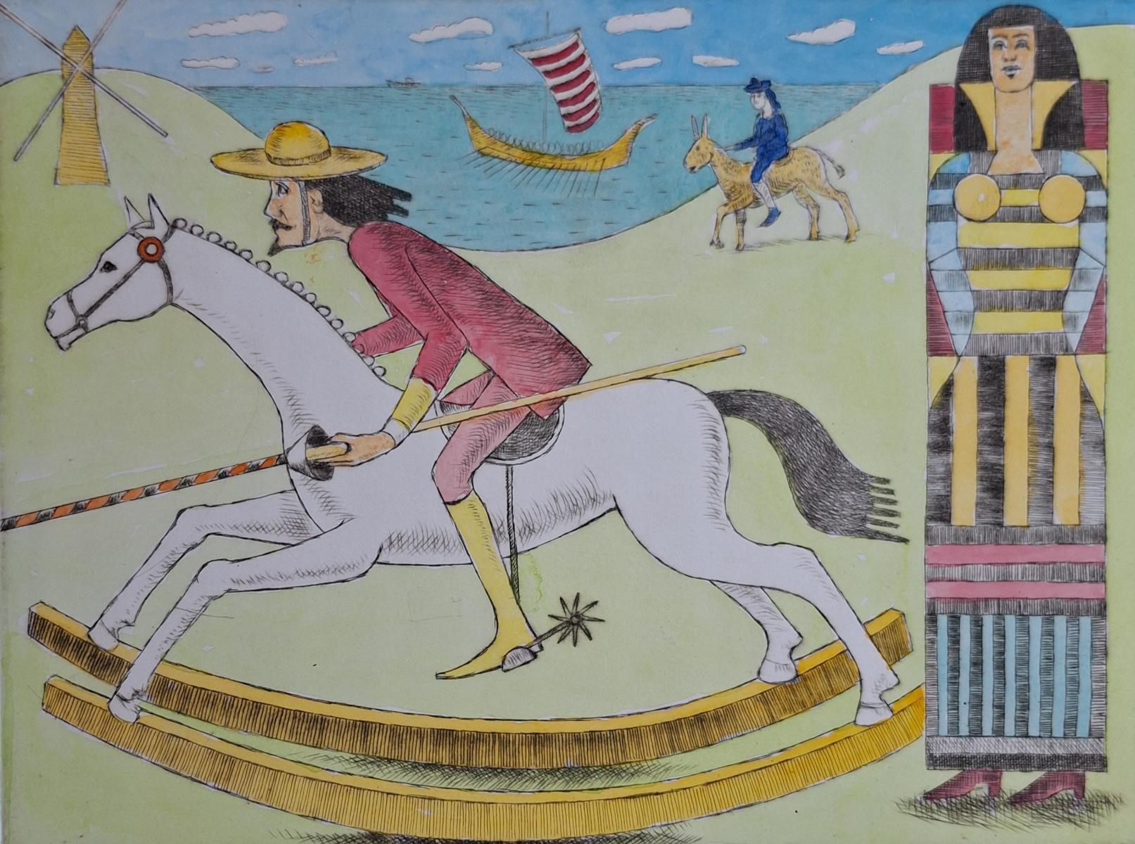 Dulcinea and Don Quixote - Figurative Drypoint Print, Colorful, Polish Art