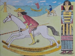 Dulcinea and Don Quixote - Figurative Drypoint Print, Colorful, Polish Art