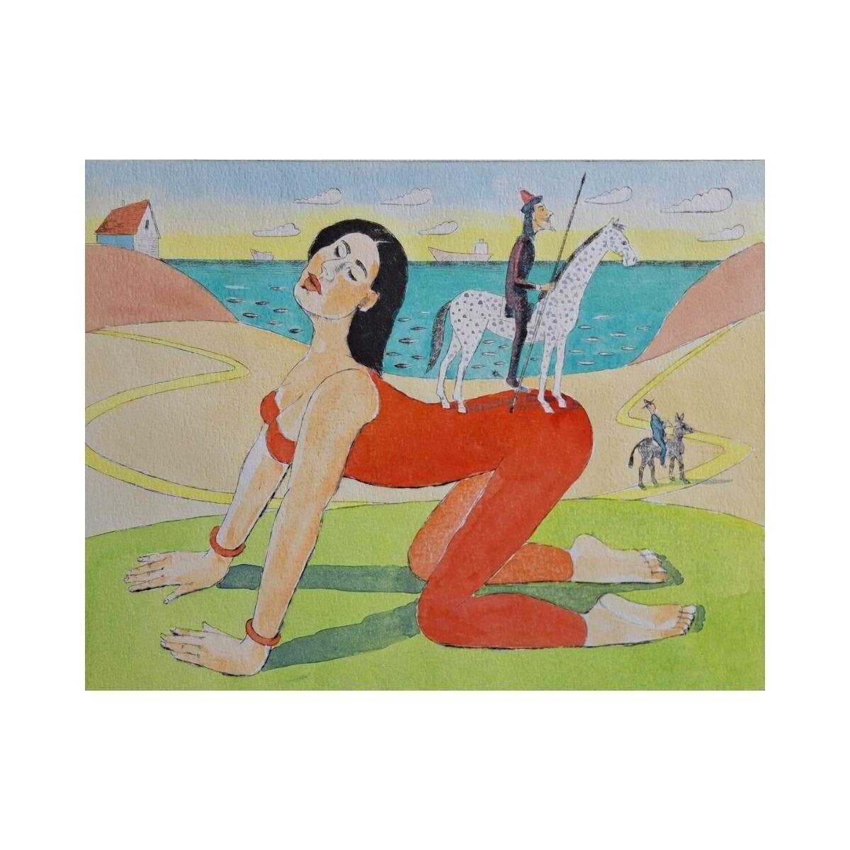 Dulcinea - Figurative Drypoint Print, Colorful, Polish Art - Brown Landscape Print by Czeslaw Tumielewicz