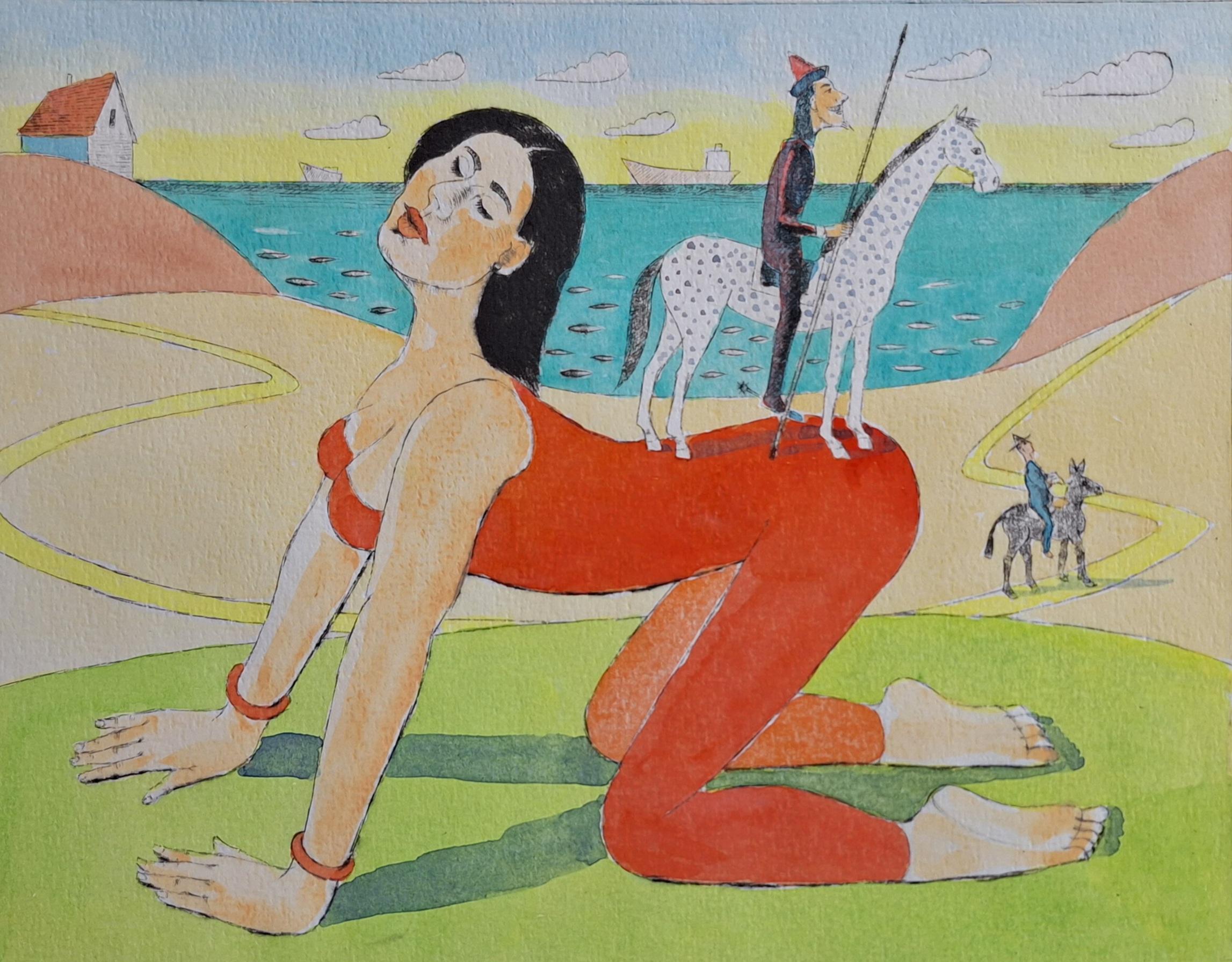 Dulcinea - Figurative Drypoint Print, Colorful, Polish Art