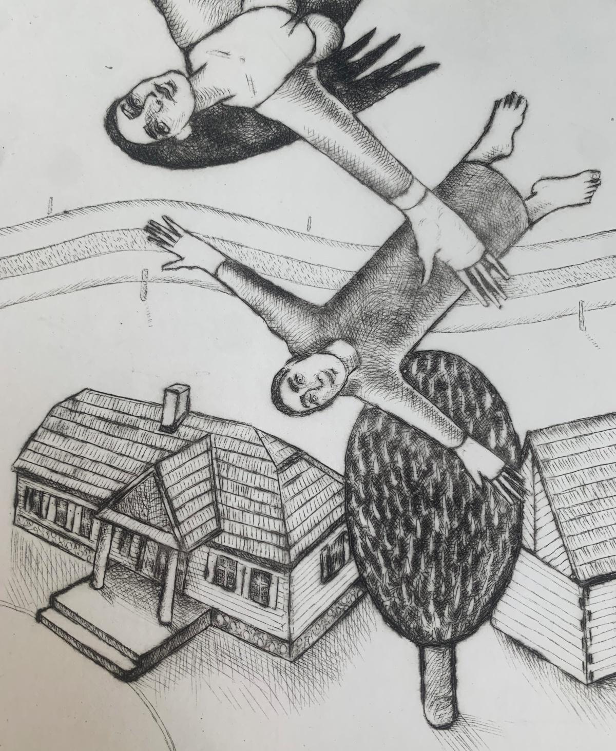 Volo sopra il maniero. Stampa acquaforte figurativa, Bianco e nero, Arte polacca - Print di Czeslaw Tumielewicz