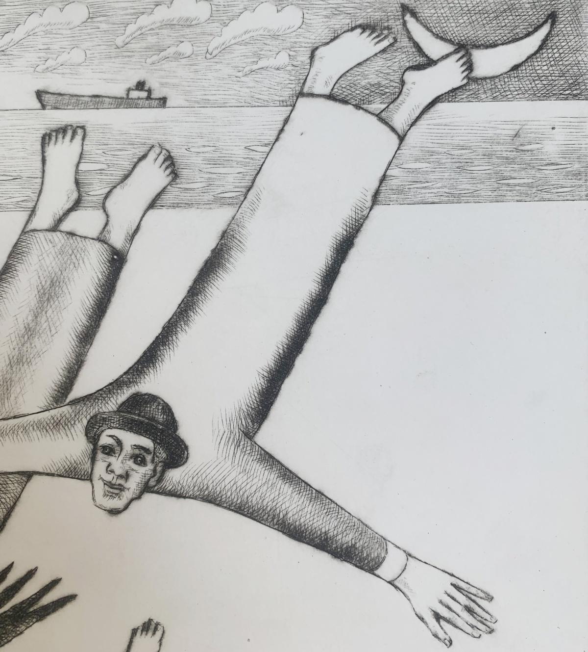 Volo sopra il maniero. Stampa acquaforte figurativa, Bianco e nero, Arte polacca - Print Contemporaneo di Czeslaw Tumielewicz
