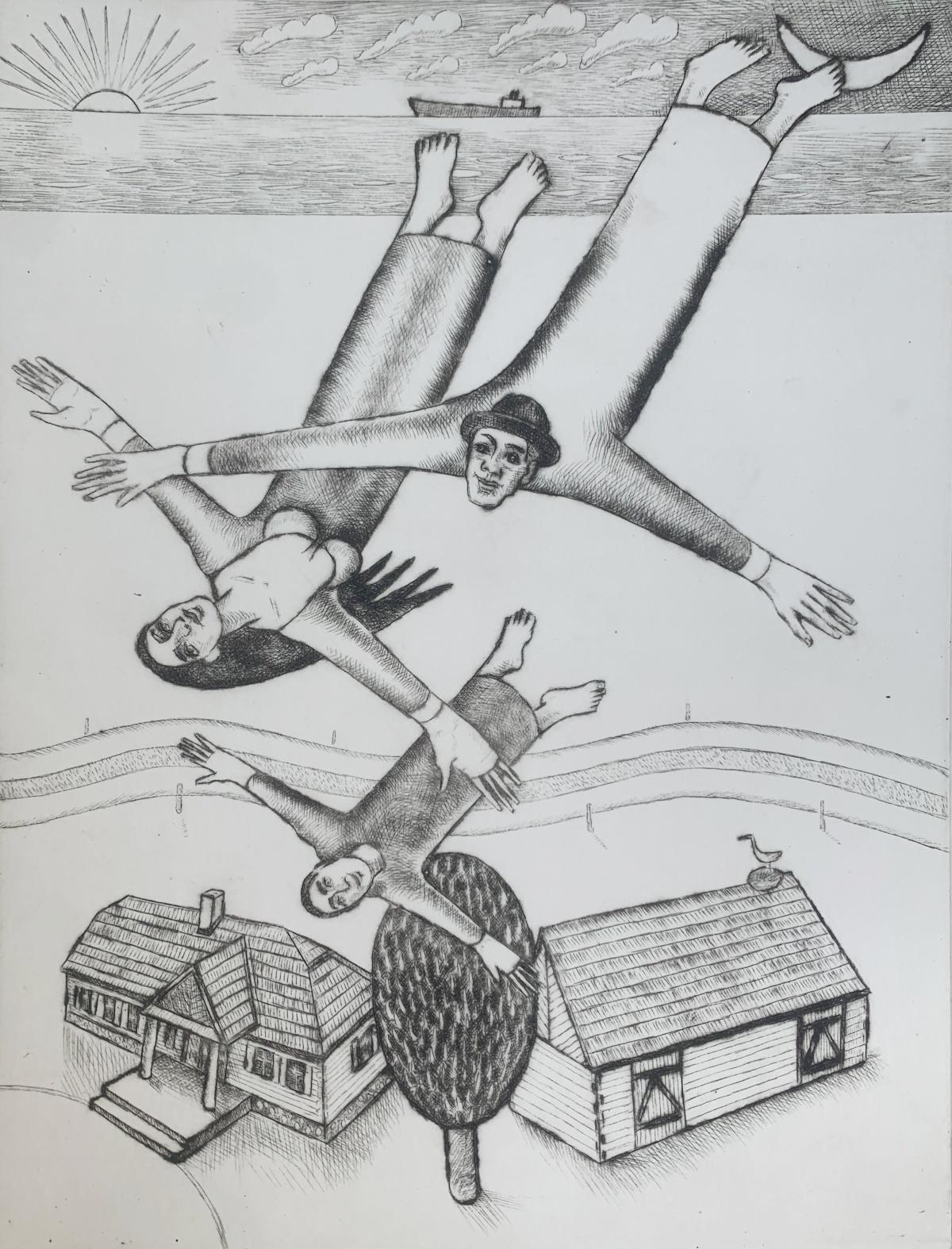 Vuelo sobre la mansión. Grabado al aguafuerte figurativo, Blanco y negro, Arte polaco