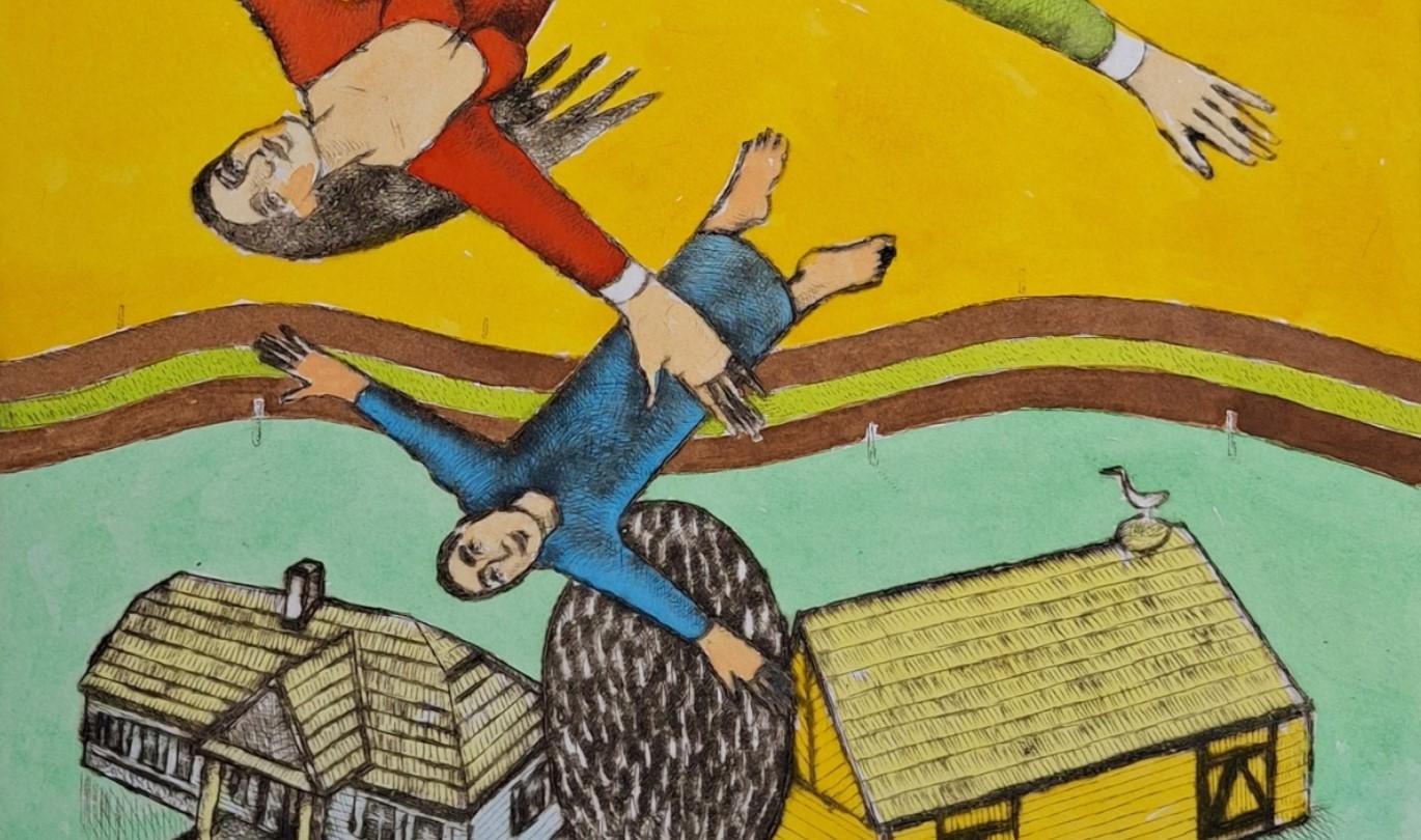 Vol au-dessus du manoir - Gravure à la pointe sèche figurative, colorée, Polish Art - Print de Czeslaw Tumielewicz