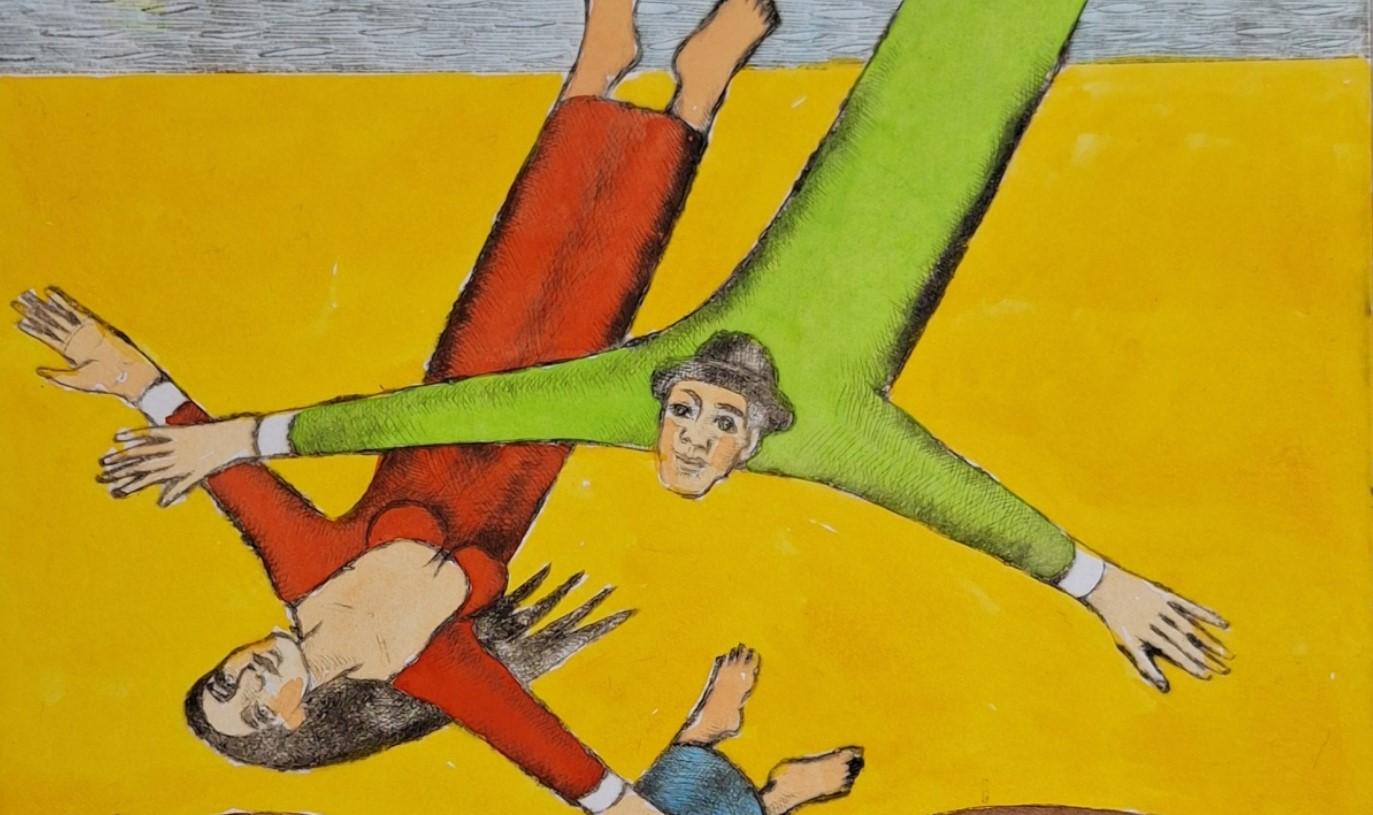 Vol au-dessus du manoir - Gravure à la pointe sèche figurative, colorée, Polish Art - Contemporain Print par Czeslaw Tumielewicz